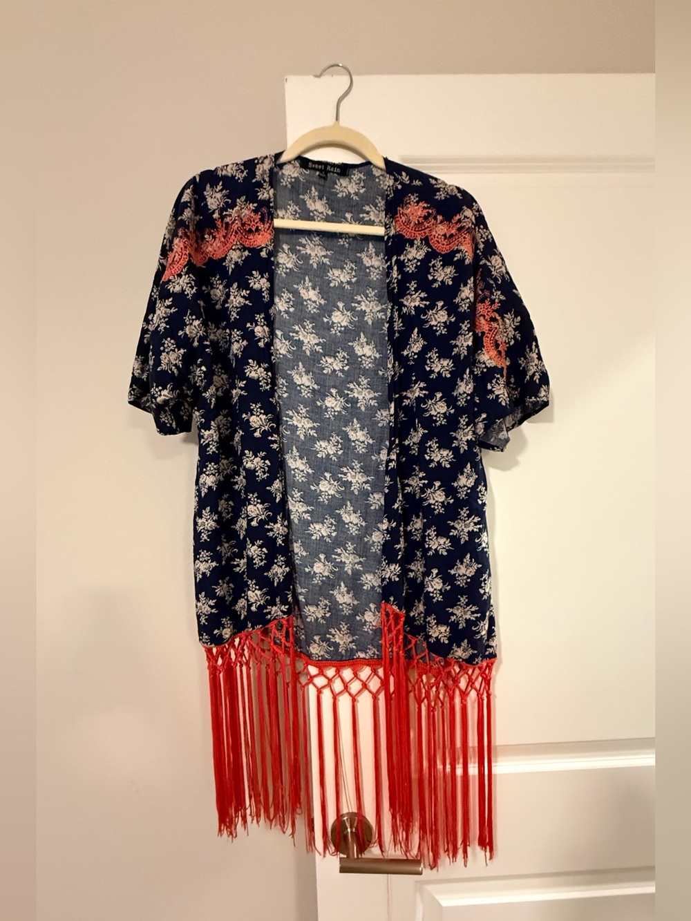 Sweet Rain Navy Floral Kimono with Red Fringe